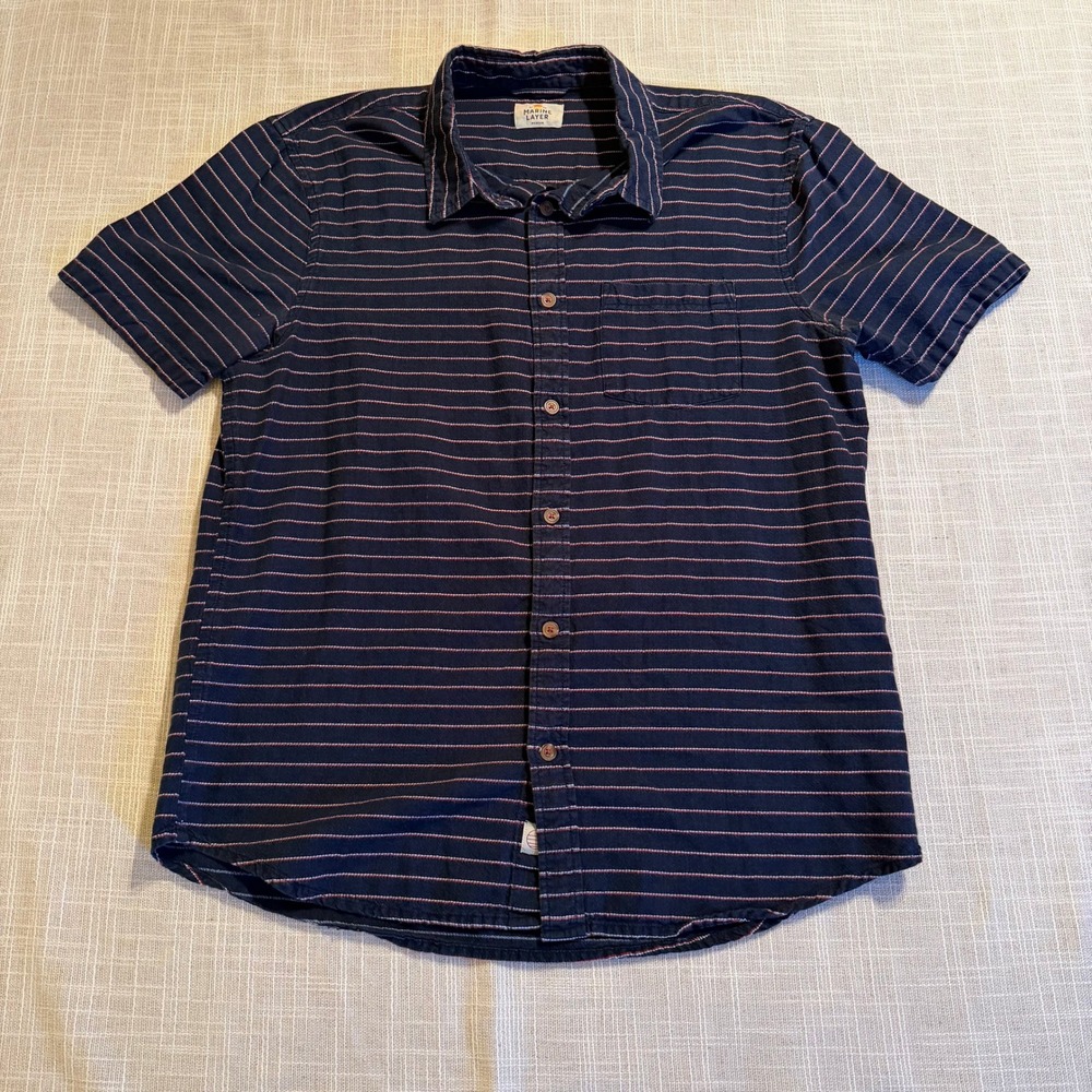 Marine Layer Mens Medium Navy Blue Red White Striped Short Sleeve Button Down